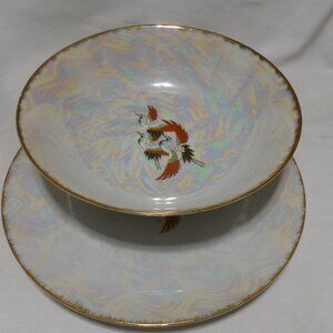 Vtg Akita Serving Bowl & Matching platter plate Soaring Birds Gold trim nwot 🔥